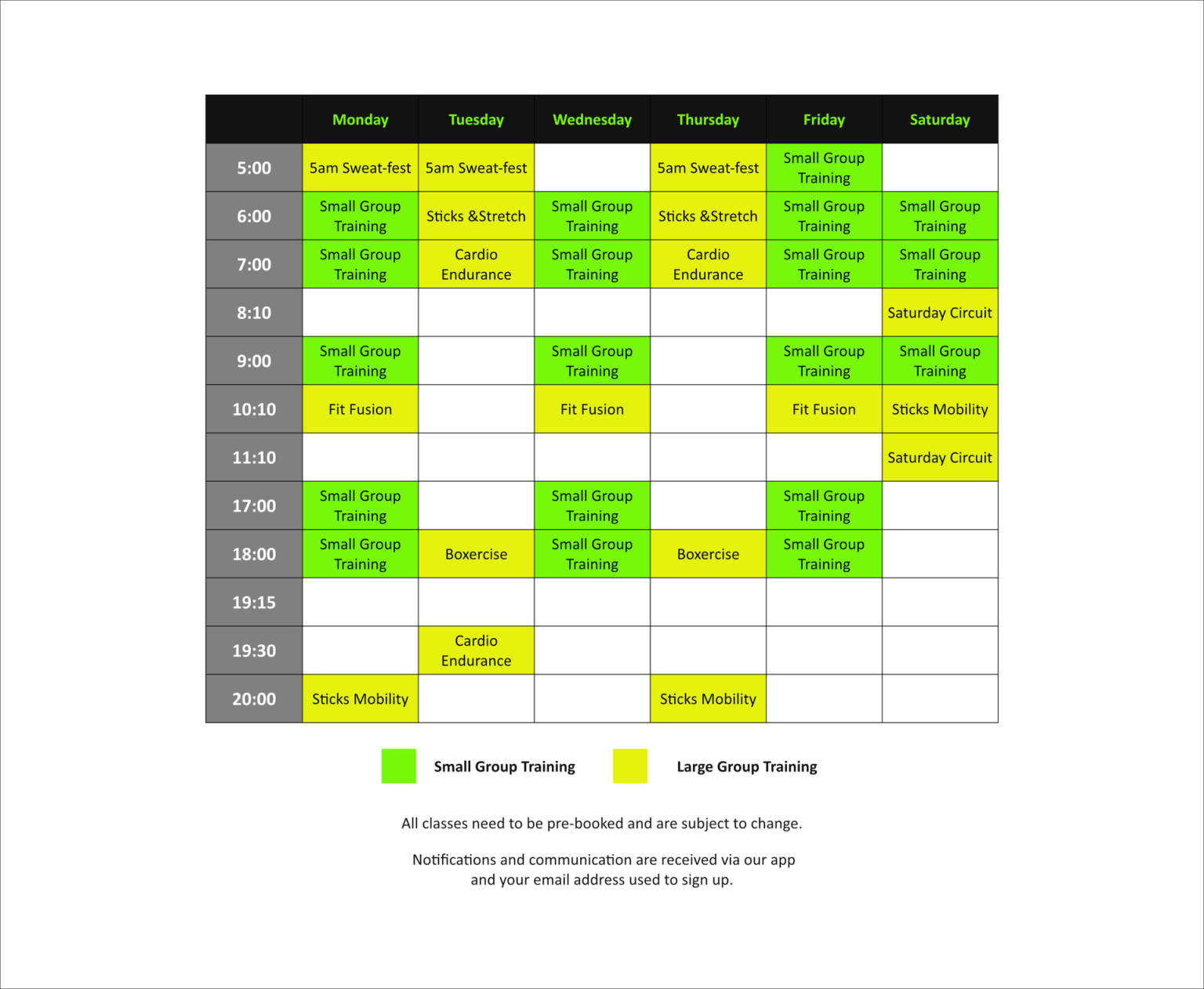 Class Timetable — Small Group PT and Coached Classes at CXHW