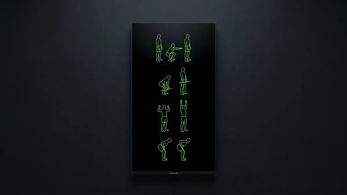 Anatomy-led coaching reference with minimal green-on-black line illustrations of squat, deadlift, press and row movement patterns on a gym wall